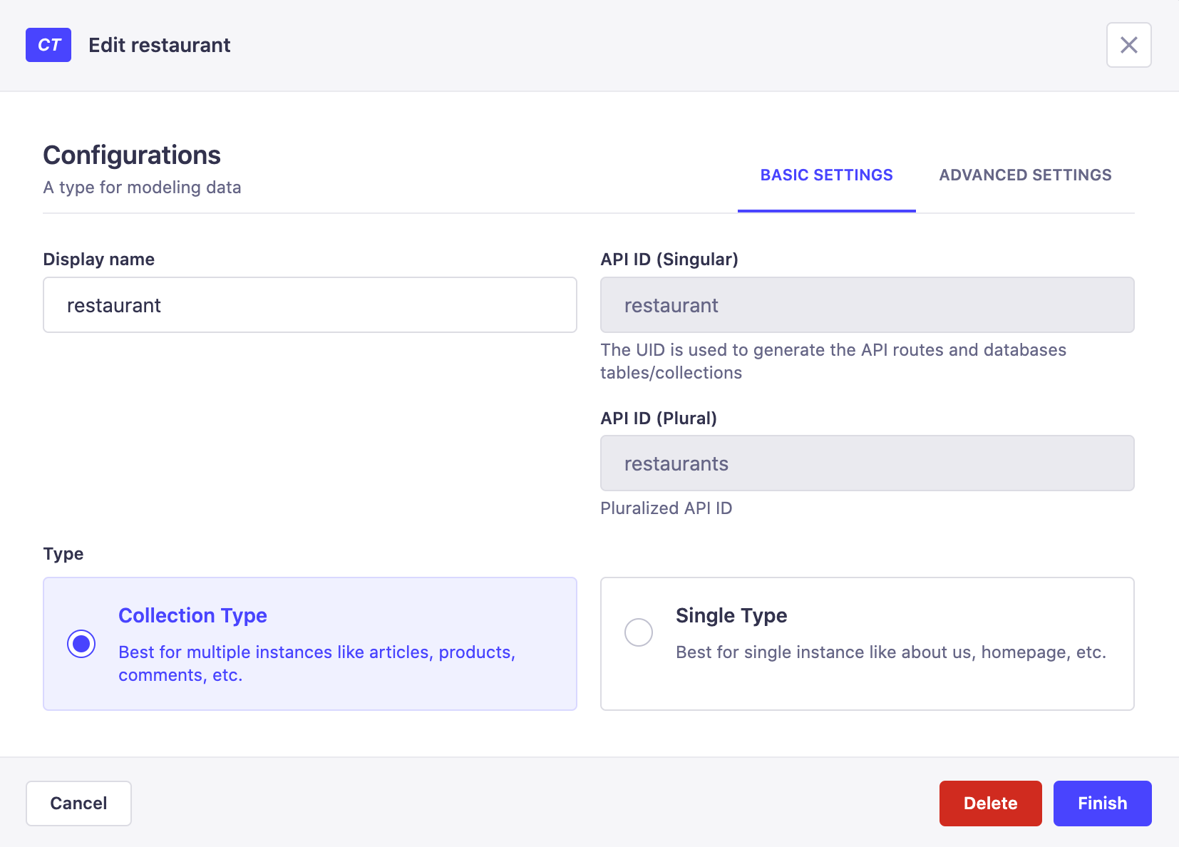 Content-type Builder's basic settings